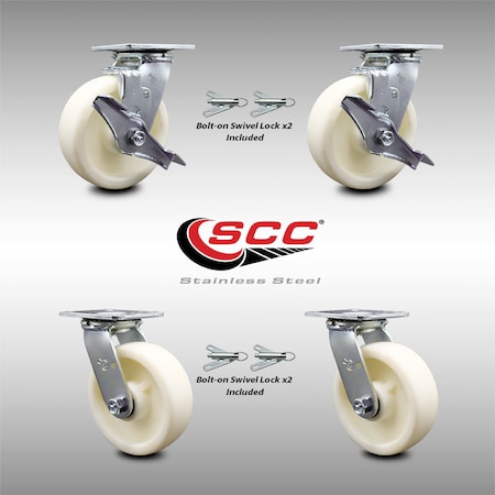 Service Caster 6 Inch Stainless Steel Nylon Caster Set with Ball Bearings 4 Swivel Lock 2 Brake SCC-SS30S620-NYB-TLB-BSL-2-BSL-2
